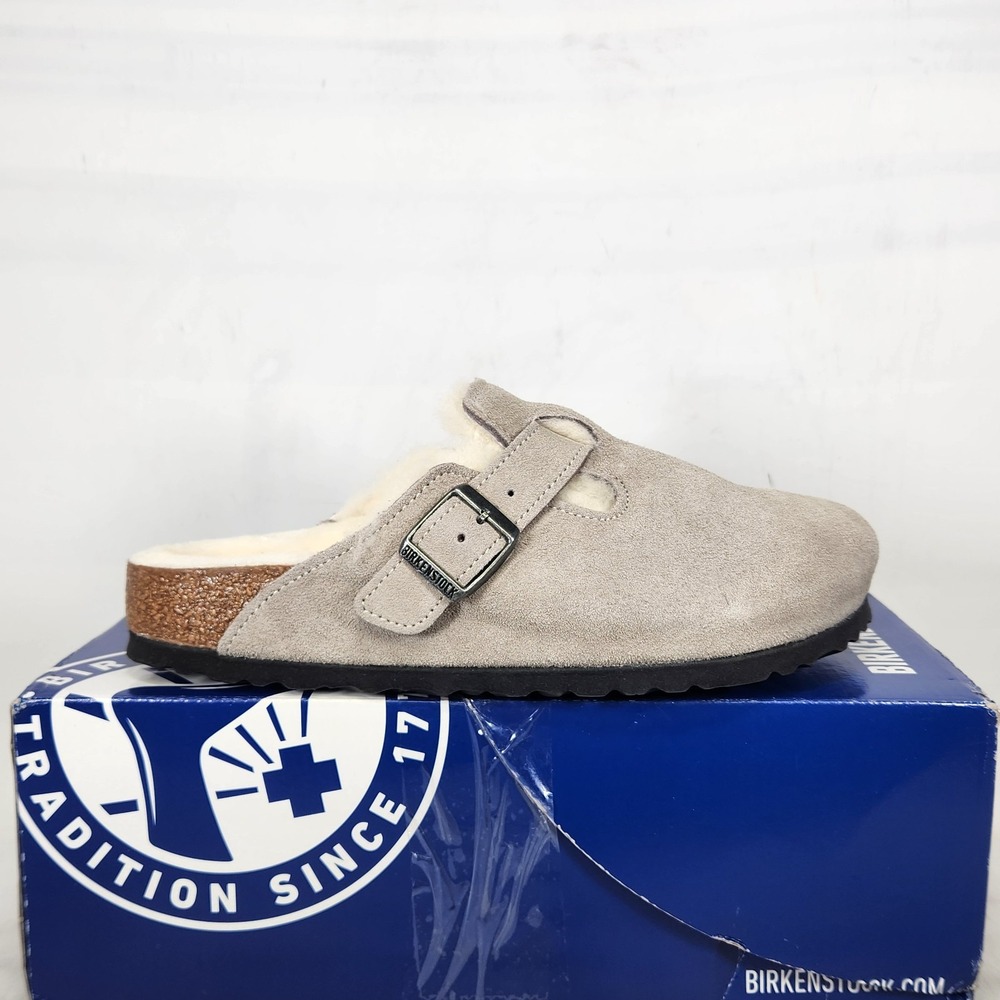Birkenstock Boston Shearling Clogs Women Size 7 NARROW Stone Coin Suede Mules